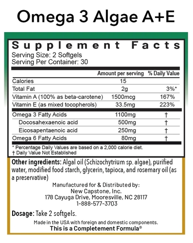 Omega-3 Algae A + E - Vegan Omega-3 fatty Acids from Algae with Vitamin A + E