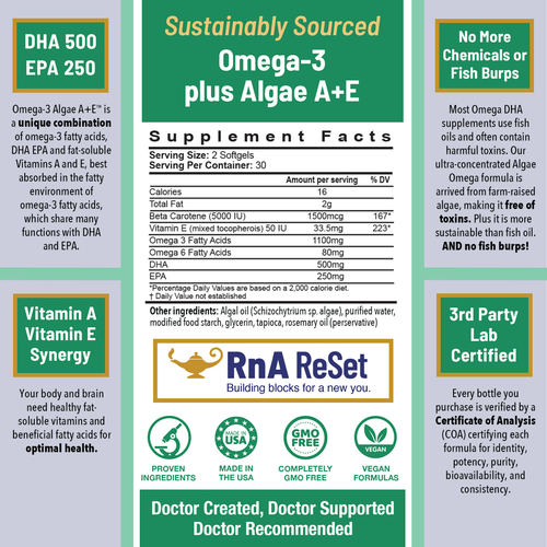 Omega-3 Algae A + E - Vegan Omega-3 fatty Acids from Algae with Vitamin A + E